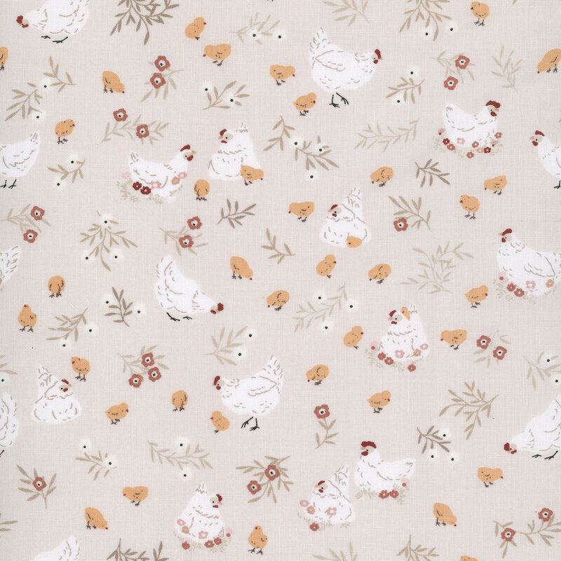 Hens, chicks, and flowers tossed on a pale cream background.