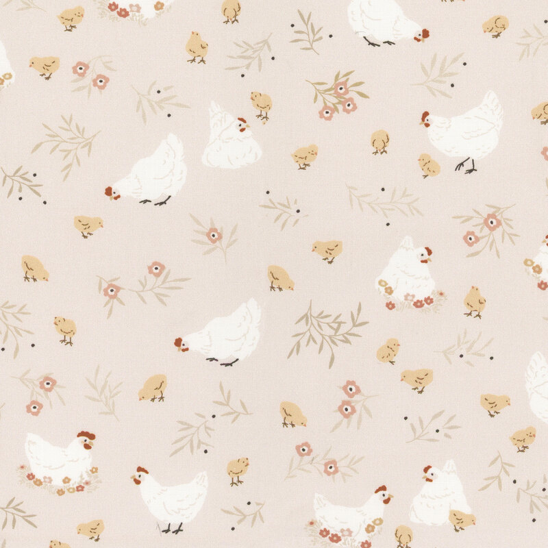 Hens, chicks, and flowers tossed on a pale cream background.