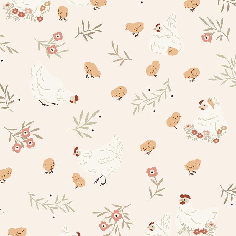 Hens, chicks, and flowers tossed on a pale cream background.