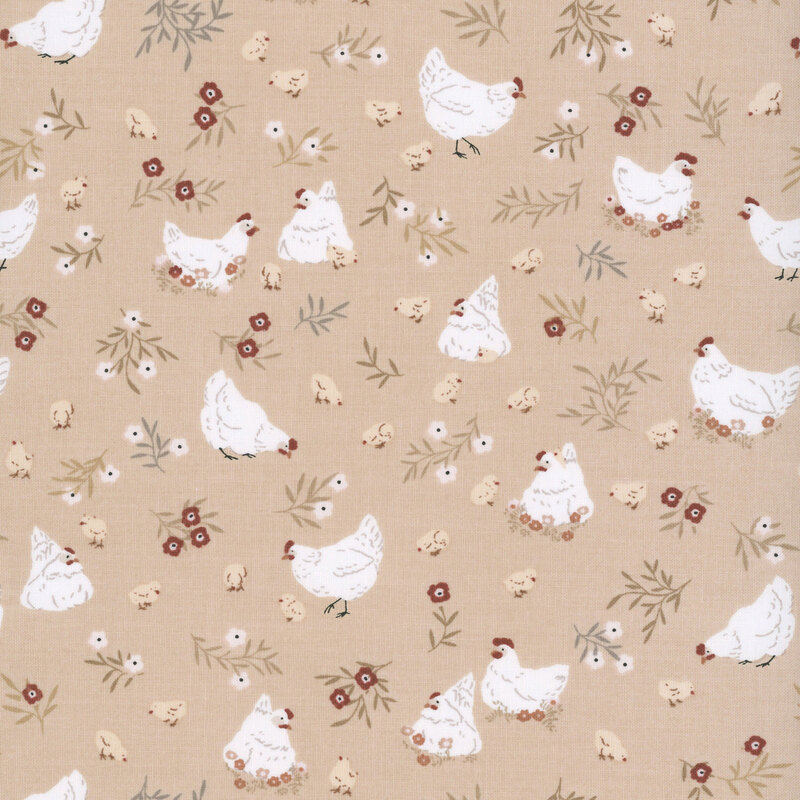 Hens, chicks, and flowers tossed on a warm beige background.