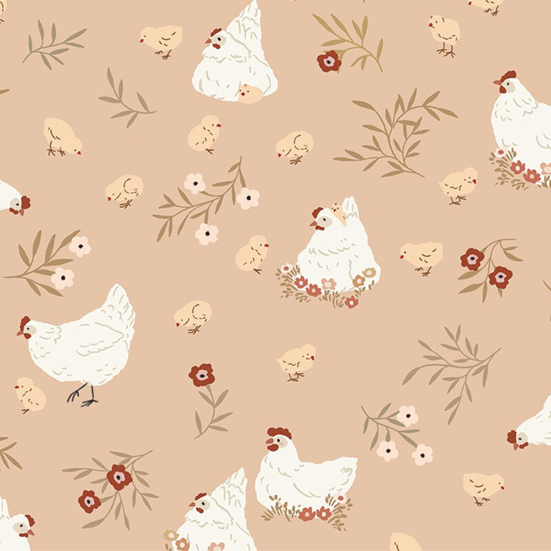 Hens, chicks, and flowers tossed on a muted peach background.