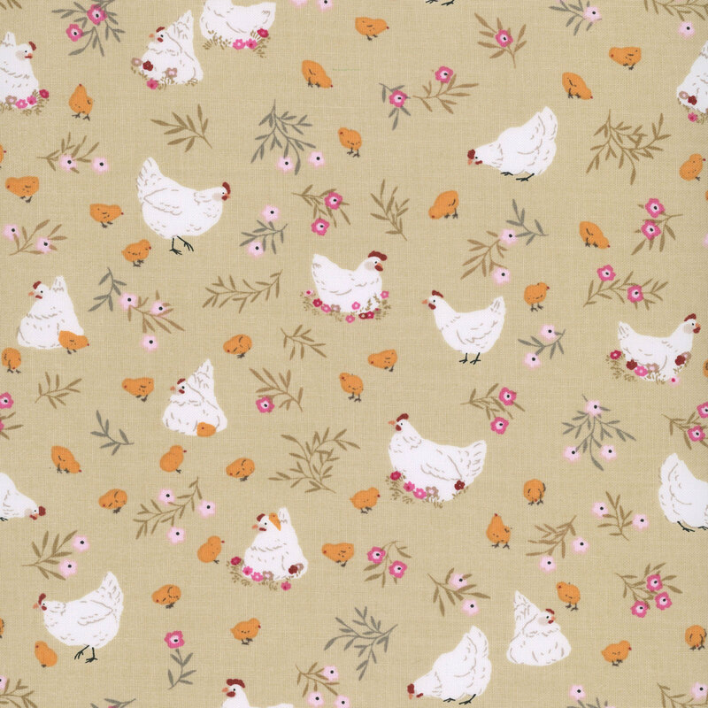 Hens, chicks, and flowers tossed on a khaki background.