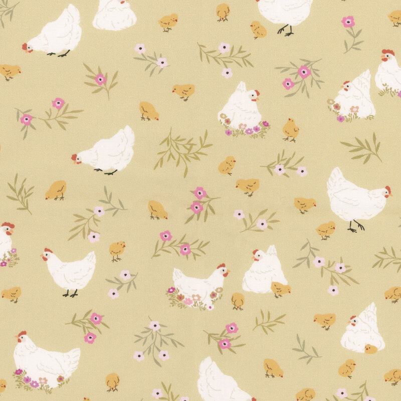 Hens, chicks, and flowers tossed on a pale olive green background.