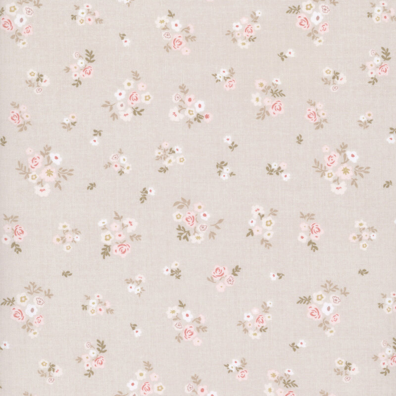 Light greige fabric featuring bouquets of small flowers and roses.