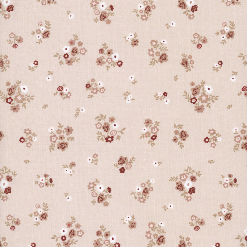 warm beige fabric featuring bouquets of small flowers and roses.