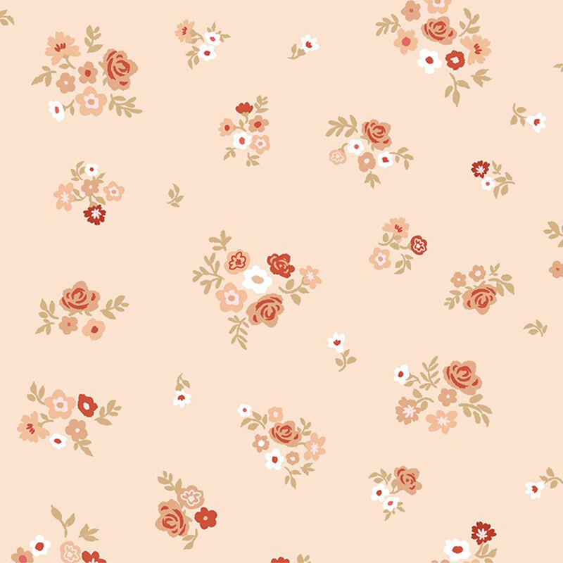 Pale peach fabric featuring bouquets of small flowers and roses.