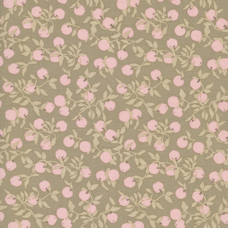 Blush pink apples hanging from sage green vines on a dark sage background.