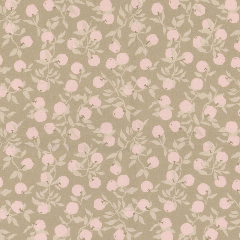 Rose pink apples hanging from sage green vines on a dark sage background.