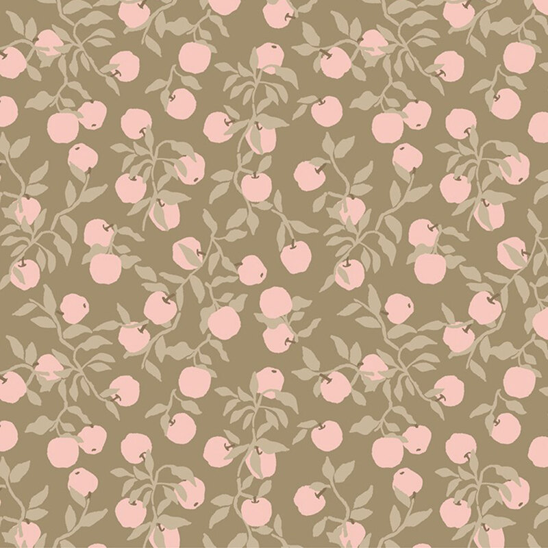 Rose pink apples hanging from sage green vines on a dark sage background.