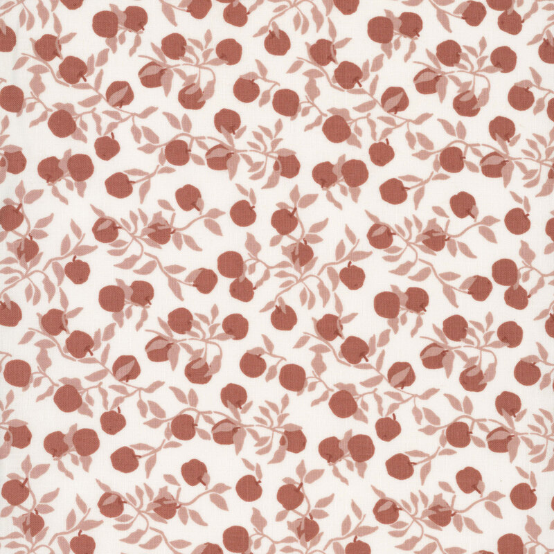 Rose red apples hanging from soft pink vines on a white background.