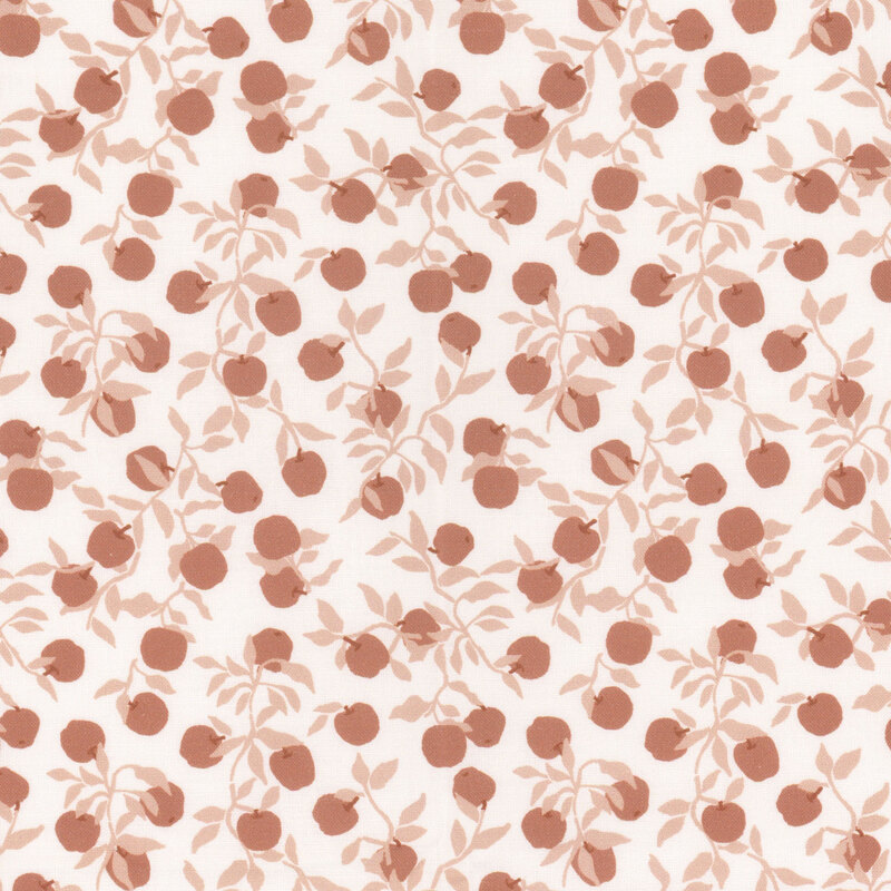 Rose red apples hanging from soft pink vines on a white background.