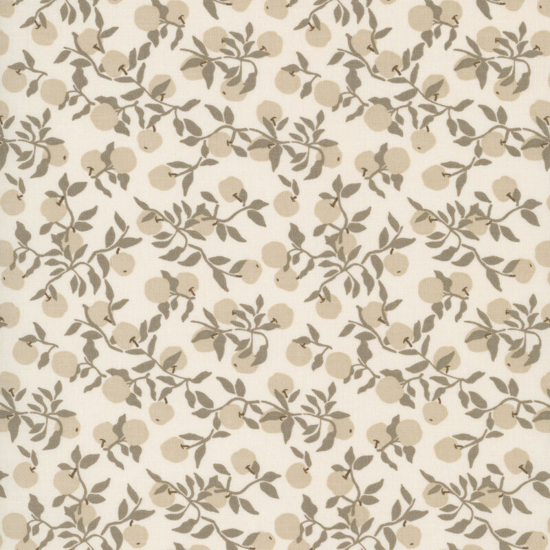 Taupe apples hanging from sage green vines on a beige background.
