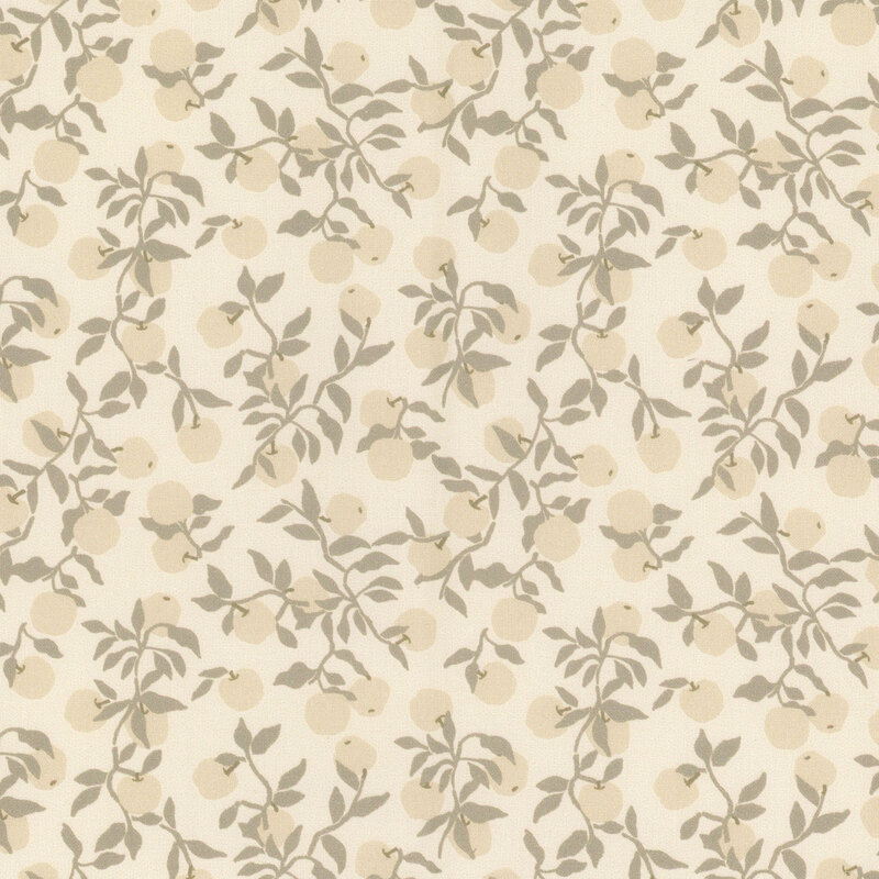 Green apples hanging from sage green vines on a pear green background.