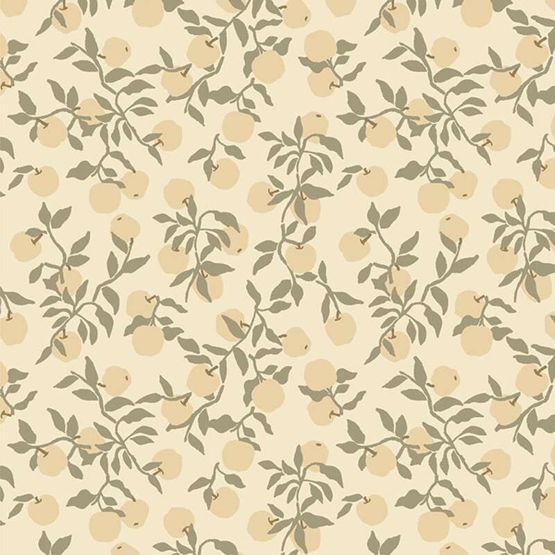 Green apples hanging from sage green vines on a pear green background.