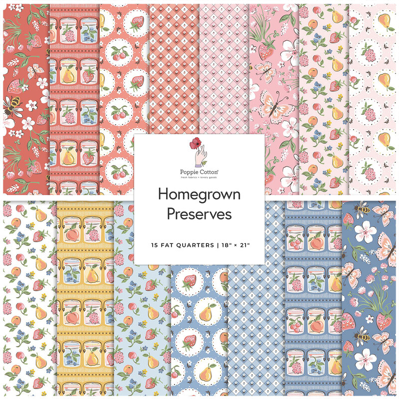 A collage of fabrics included in the Homegrown Preserves collection featuring floral and fruit designs in red, pinks, yellows, and blues.