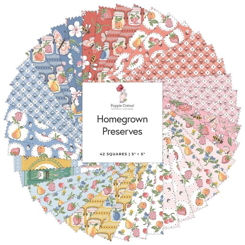 A collage of fabric swatches in red, pink, white, yellow, and blue with floral and fruit designs arranged in a circular pattern, labeled Homegrown Preserves from Poppie Cotton.