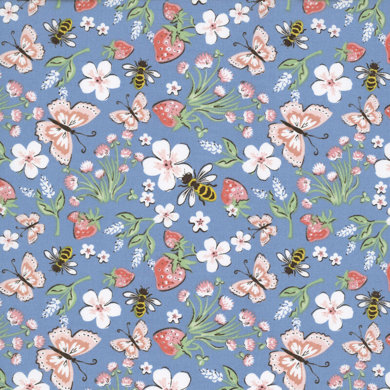 Azure blue fabric featuring strawberries, flowers, butterflies and bees.