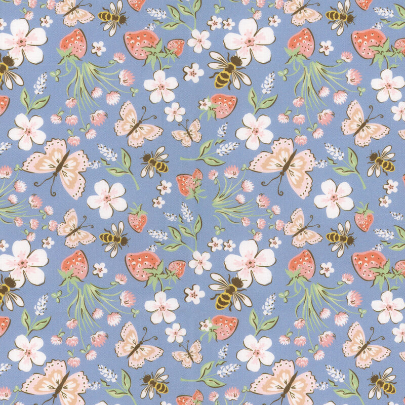 Azure blue fabric featuring strawberries, flowers, butterflies and bees.
