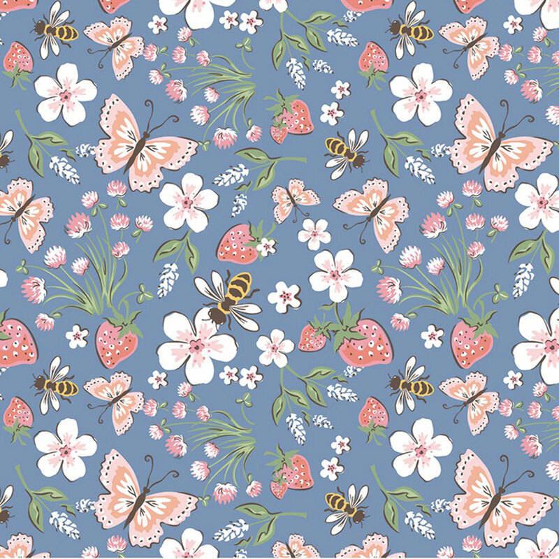 Azure blue fabric featuring strawberries, flowers, butterflies and bees.
