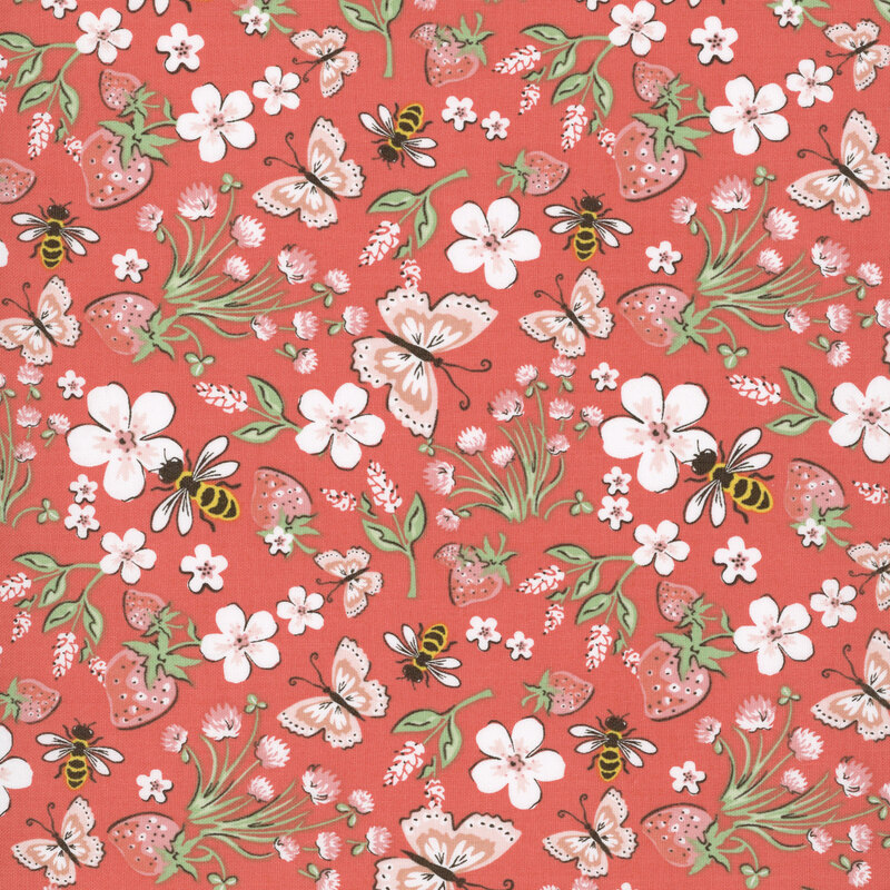 Rouge red fabric featuring strawberries, flowers, butterflies and bees.