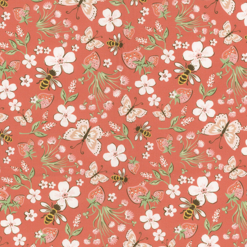 Rouge red fabric featuring strawberries, flowers, butterflies and bees.