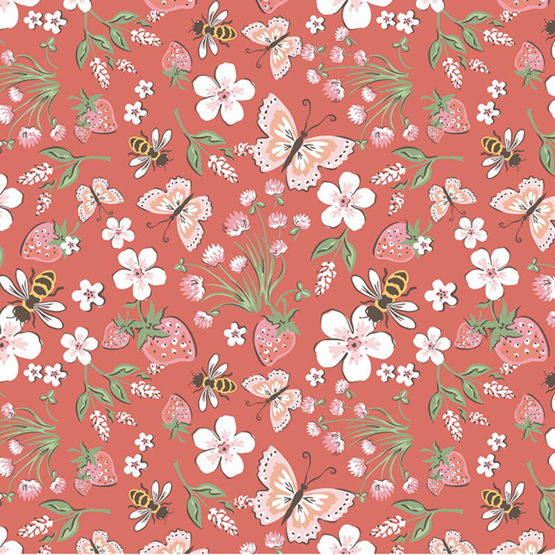 Rouge red fabric featuring strawberries, flowers, butterflies and bees.