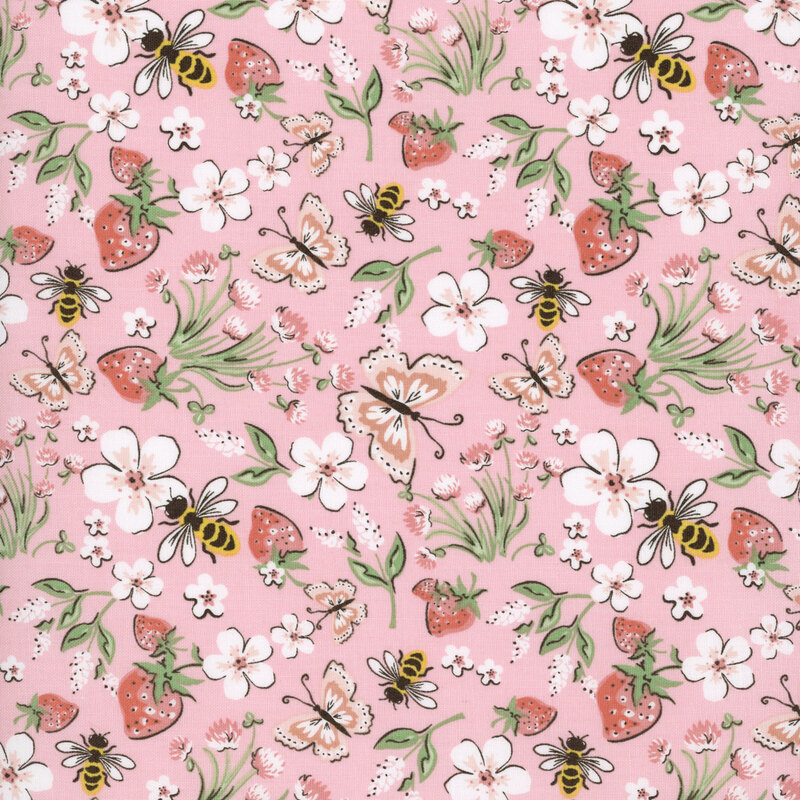 Soft pink fabric featuring strawberries, flowers, butterflies and bees.