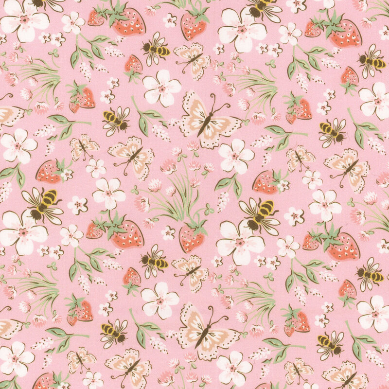 Soft pink fabric featuring strawberries, flowers, butterflies and bees.
