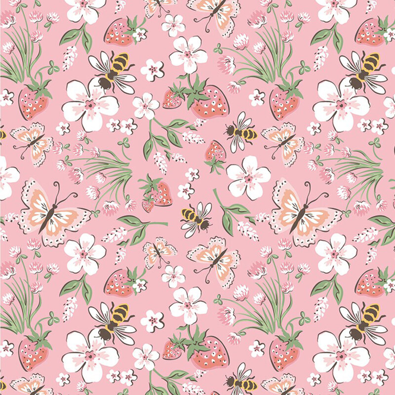 Soft pink fabric featuring strawberries, flowers, butterflies and bees.
