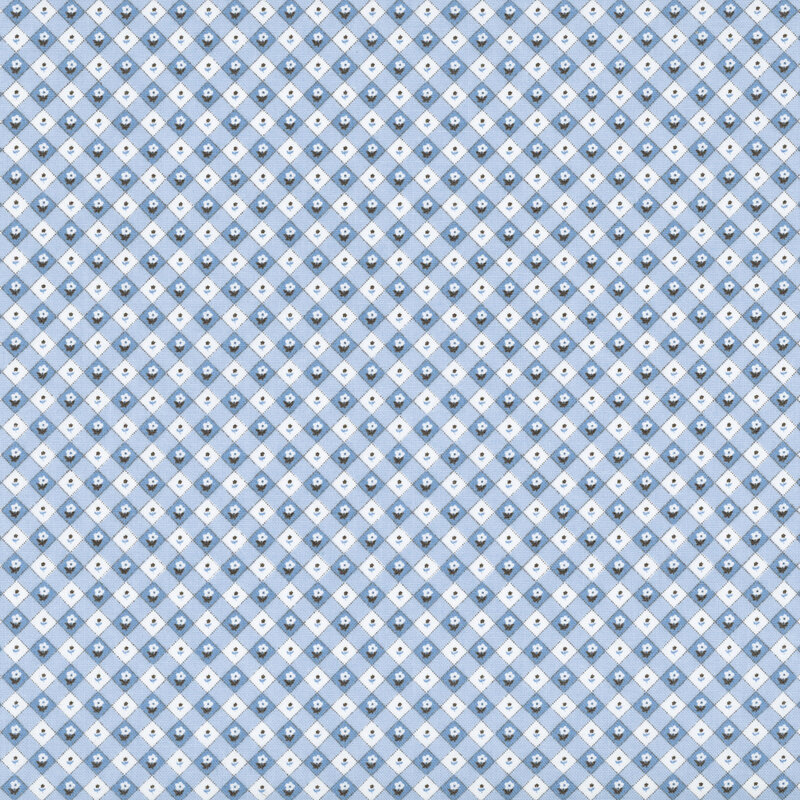 Blue and white diagonal gingham with tiny flower buds.