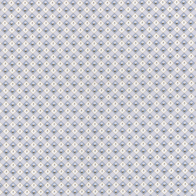Blue and white diagonal gingham with tiny flower buds.