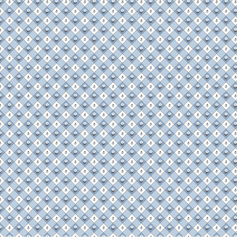 Blue and white diagonal gingham with tiny flower buds.