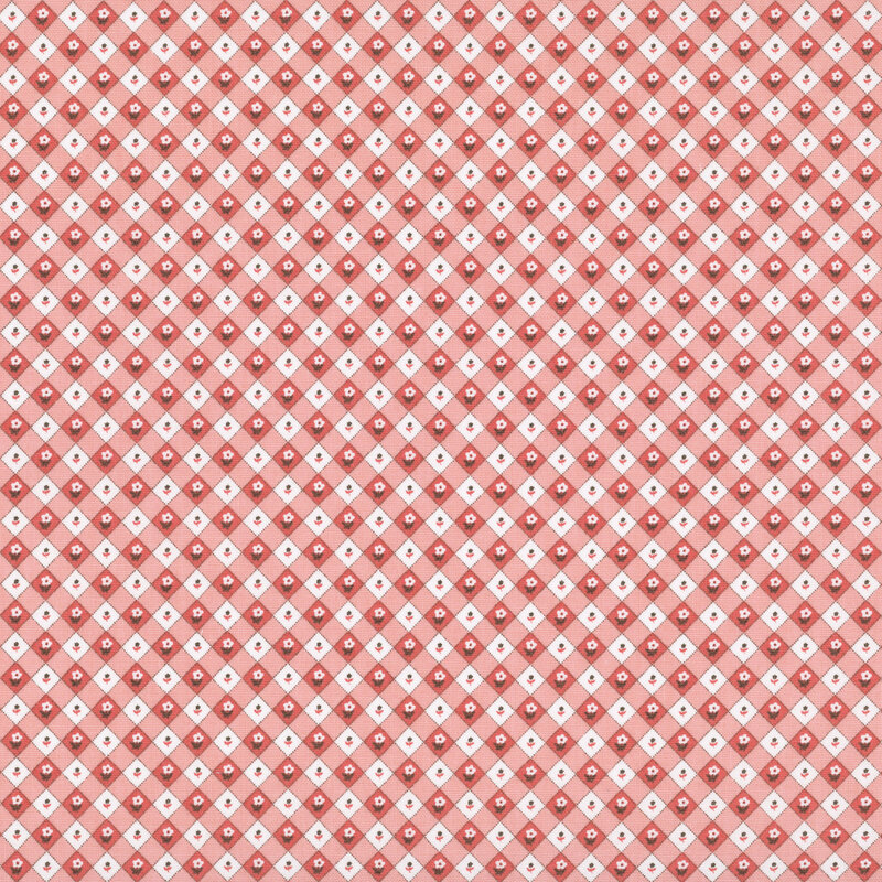 Rouge red and white diagonal gingham with tiny flower buds.