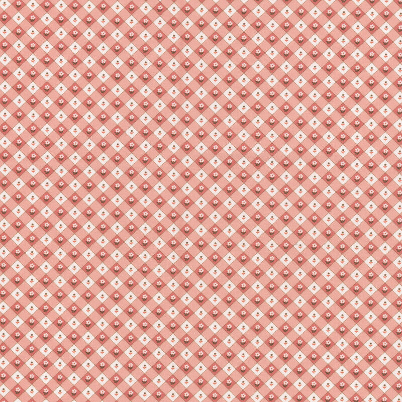 Red and white diagonal gingham with tiny flower buds.