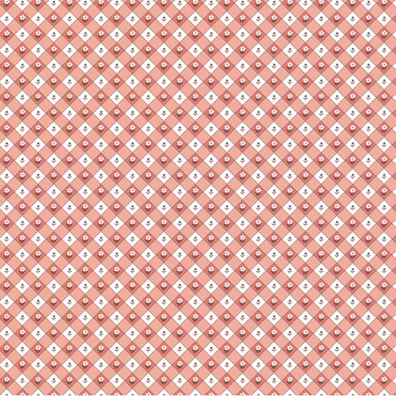 Red and white diagonal gingham with tiny flower buds.