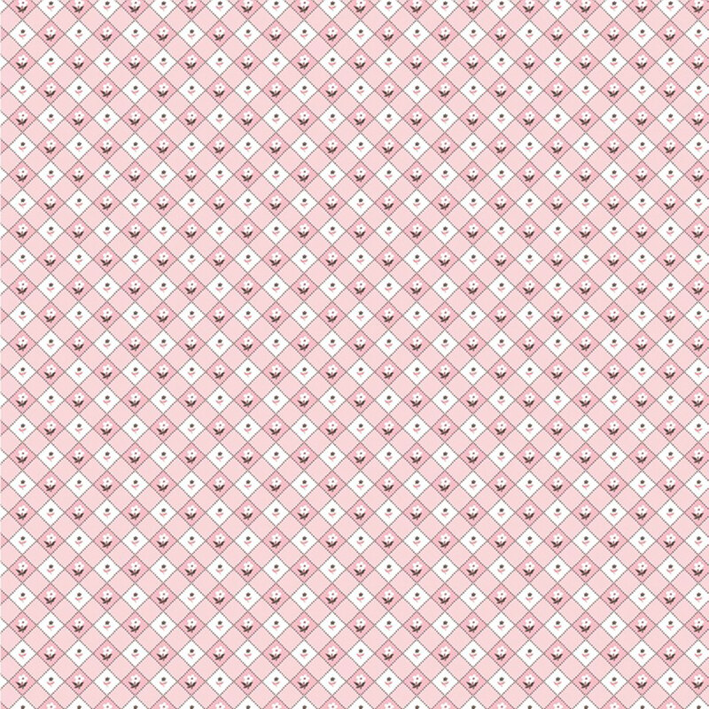 Pink and white diagonal gingham with tiny flower buds.