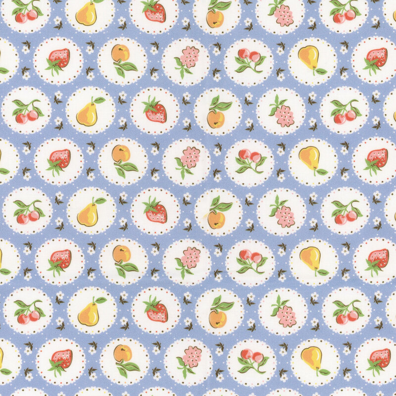 Circular pictures of seasonal fruits on a white background with flowers on azure blue fabric.
