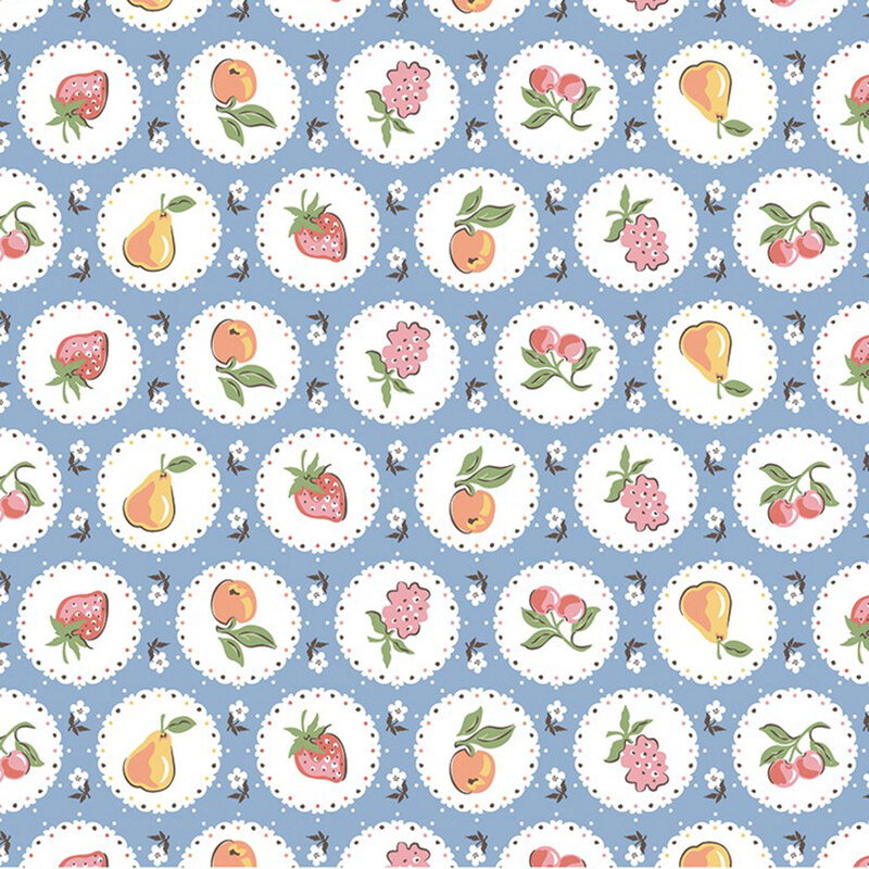 Circular pictures of seasonal fruits on a white background with flowers on azure blue fabric.