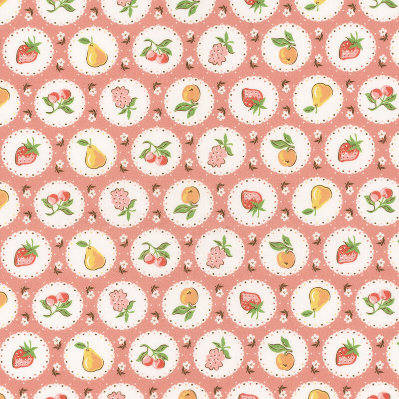 Circular pictures of seasonal fruits on a white background with flowers on rouge red fabric.