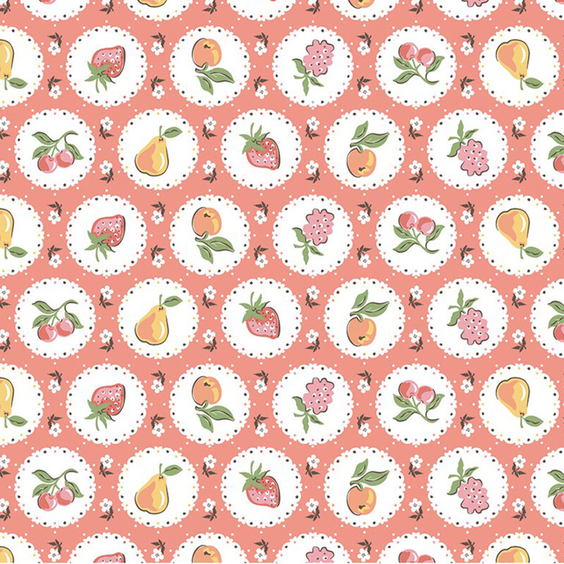 Circular pictures of seasonal fruits on a white background with flowers on rouge red fabric.