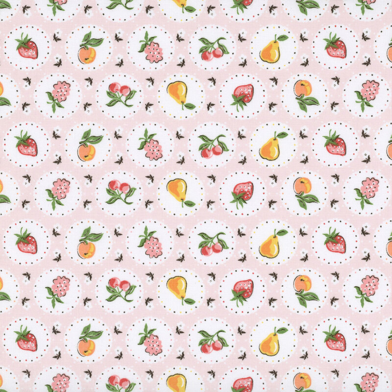 Circular pictures of seasonal fruits on a white background with flowers on pastel pink fabric.