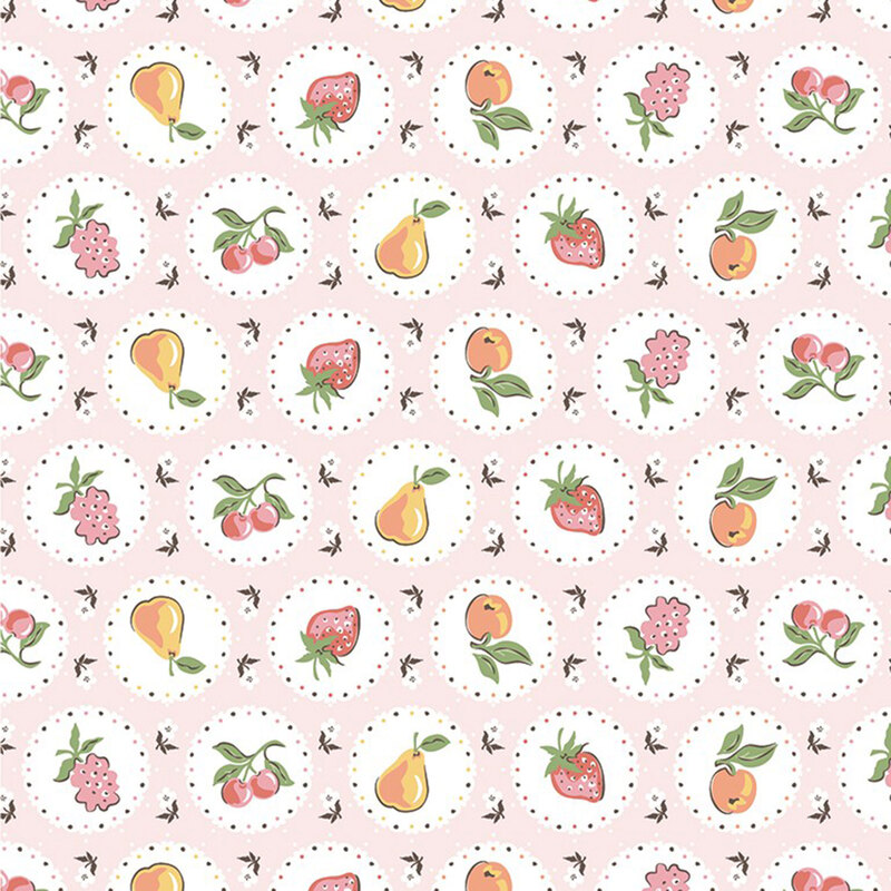 Circular pictures of seasonal fruits on a white background with flowers on pastel pink fabric.