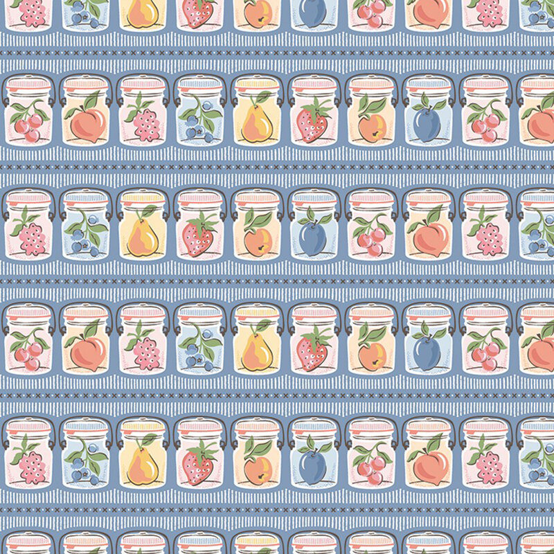 Rows of canning jars holding fresh fruits of the season on azure blue fabric.