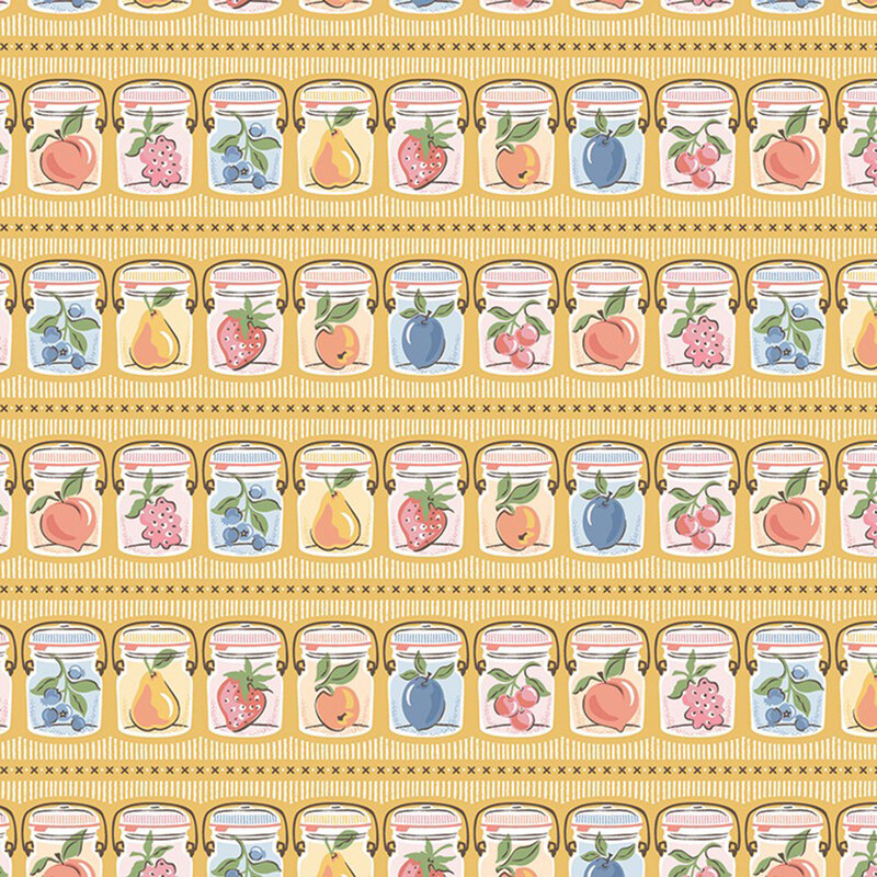 Rows of canning jars holding fresh fruits of the season on mustard yellow fabric.