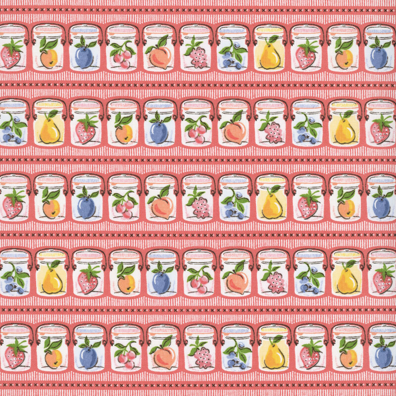Rows of canning jars holding fresh fruits of the season on rouge red fabric.