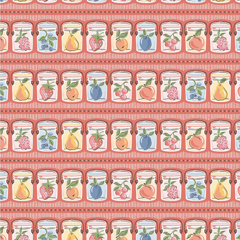 Rows of canning jars holding fresh fruits of the season on rouge red fabric.