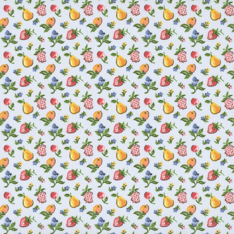 Seasonal fruits and flowers tossed on light blue fabric.