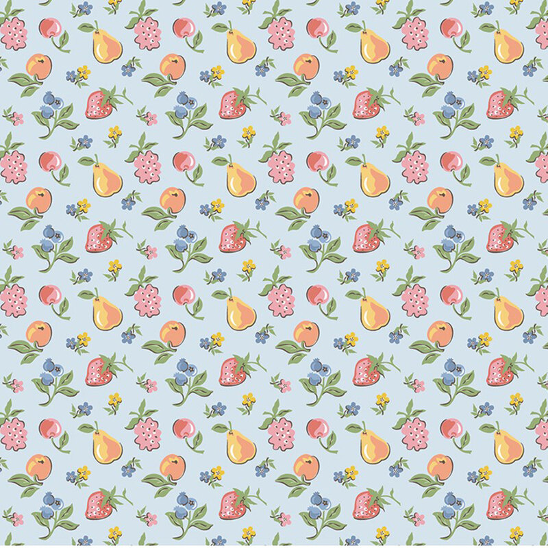 Seasonal fruits and flowers tossed on light blue fabric.