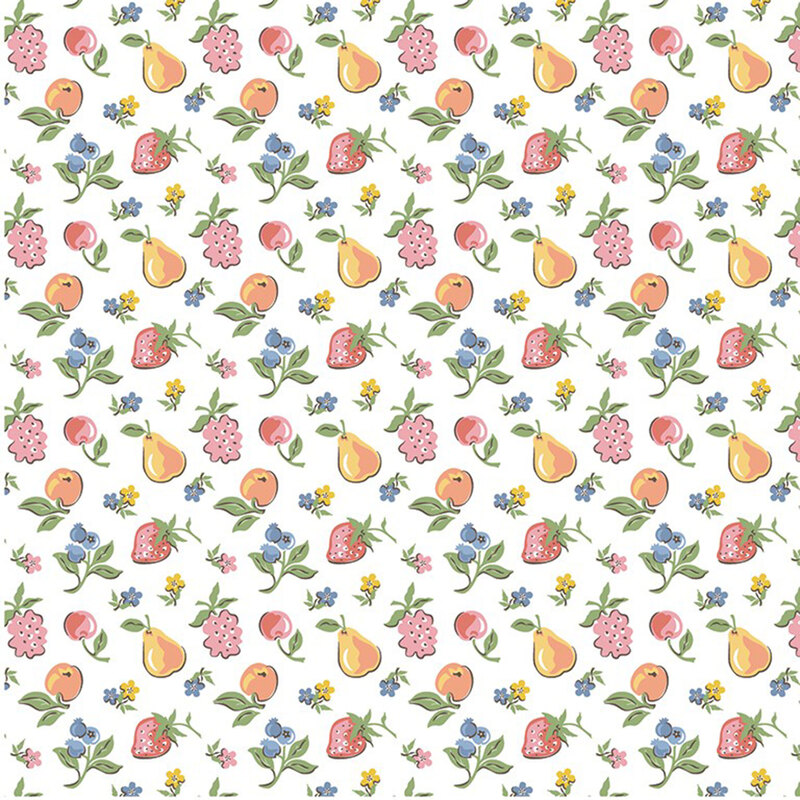 Seasonal fruits and flowers tossed on white fabric.
