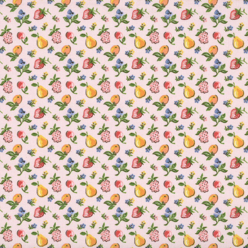 Seasonal fruits and flowers tossed on pastel pink fabric.